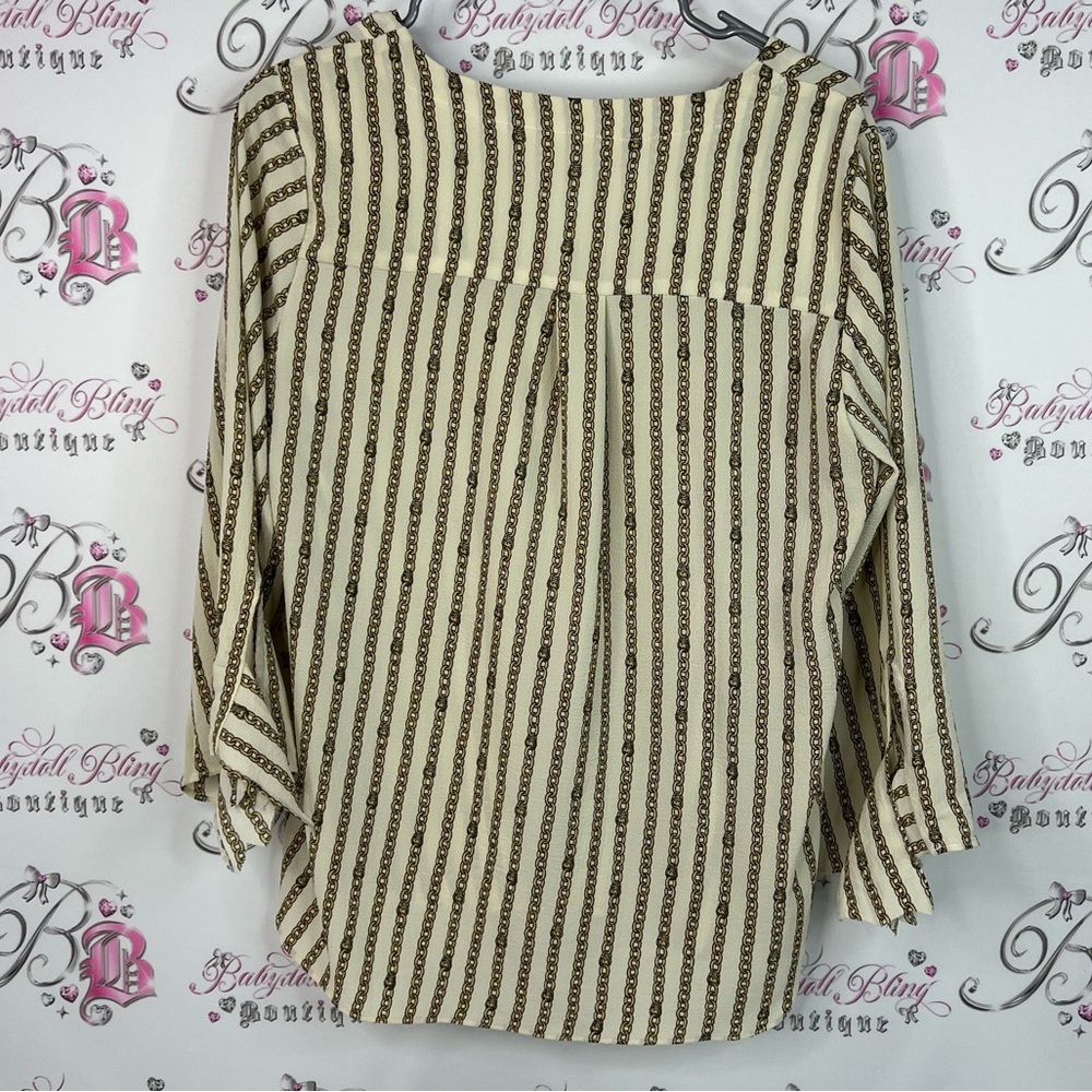Michael Kors blouse chain link chains lockets Beige and Brown Striped Blouse - Picture 2 of 8